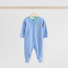 Load image into Gallery viewer, Blue Baby Embroidered Sleepsuits 3 Pack
