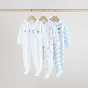Blue/White Embroidered Baby Sleepsuits 3 Pack