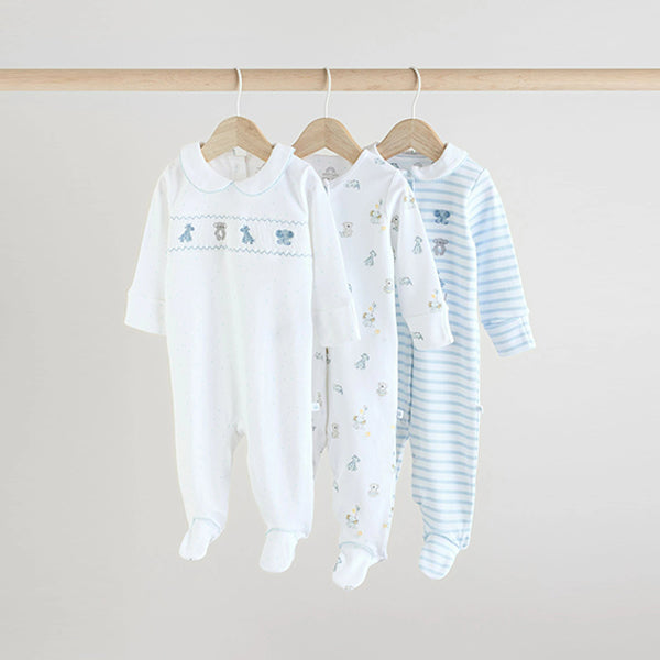 Blue/White Embroidered Baby Sleepsuits 3 Pack