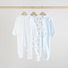 Load image into Gallery viewer, Blue/White Embroidered Baby Sleepsuits 3 Pack
