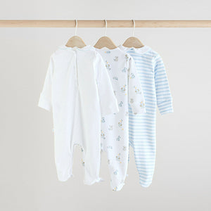 Blue/White Embroidered Baby Sleepsuits 3 Pack