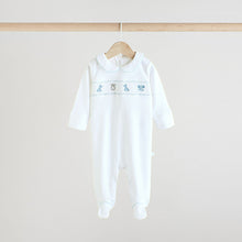 Load image into Gallery viewer, Blue/White Embroidered Baby Sleepsuits 3 Pack
