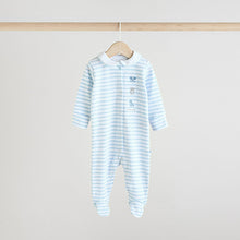 Load image into Gallery viewer, Blue/White Embroidered Baby Sleepsuits 3 Pack
