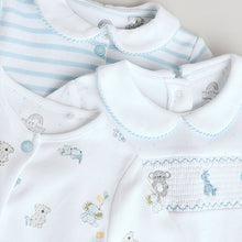 Load image into Gallery viewer, Blue/White Embroidered Baby Sleepsuits 3 Pack
