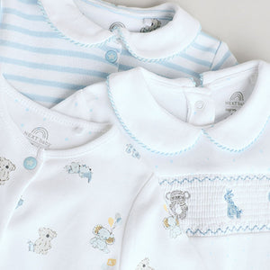Blue/White Embroidered Baby Sleepsuits 3 Pack