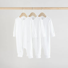 Load image into Gallery viewer, White 100% Cotton Two Way Zip Baby Footless Sleepsuits 3 Pack
