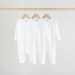 White 100% Cotton Two Way Zip Baby Footless Sleepsuits 3 Pack