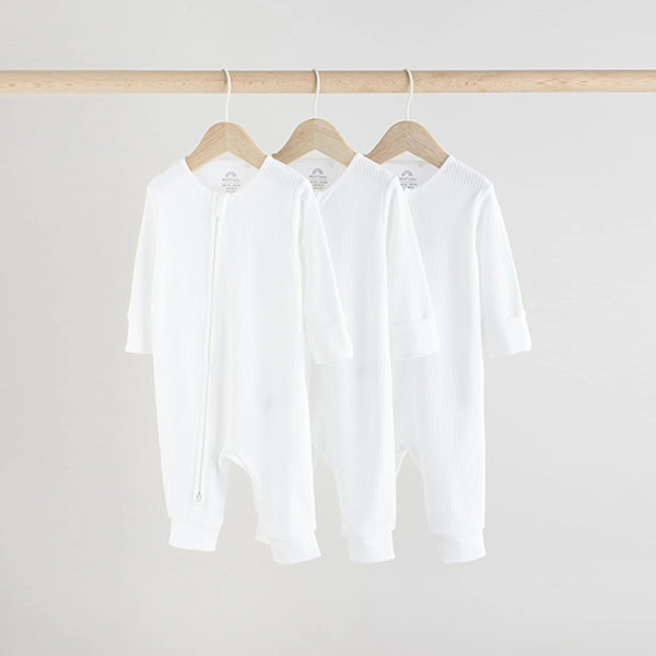 White 100% Cotton Two Way Zip Baby Footless Sleepsuits 3 Pack