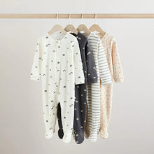 Load image into Gallery viewer, White/Black Two Way Zip Baby Sleepsuits 4 Pack
