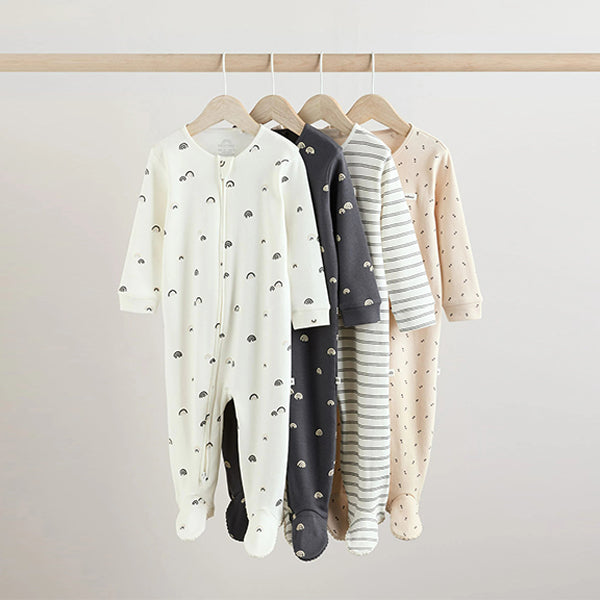 White/Black Two Way Zip Baby Sleepsuits 4 Pack