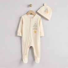 Load image into Gallery viewer, White I'm New Here Baby 100% Cotton Sleepsuit and Hat Set (0-6mths)

