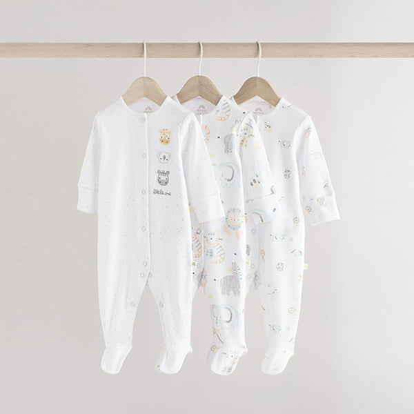 White Animal Print 100% Cotton Baby Sleepsuits 3 Pack