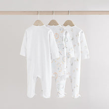 Load image into Gallery viewer, White Animal Print 100% Cotton Baby Sleepsuits 3 Pack
