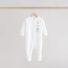 Load image into Gallery viewer, White Animal Print 100% Cotton Baby Sleepsuits 3 Pack
