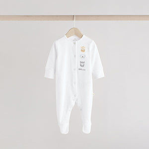White Animal Print 100% Cotton Baby Sleepsuits 3 Pack