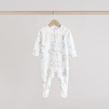 Load image into Gallery viewer, White Animal Print 100% Cotton Baby Sleepsuits 3 Pack
