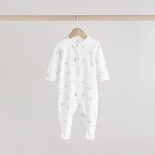 Load image into Gallery viewer, White Animal Print 100% Cotton Baby Sleepsuits 3 Pack
