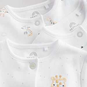 White Animal Print 100% Cotton Baby Sleepsuits 3 Pack