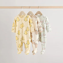 Load image into Gallery viewer, Yellow Spring Two Way Zip 100% Cotton Baby Sleepsuits 3 Pack
