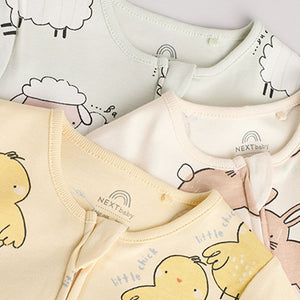 Yellow Spring Two Way Zip 100% Cotton Baby Sleepsuits 3 Pack