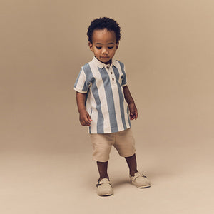 Blue/Tan Short Sleeve Textured Polo Shirt and Shorts Set