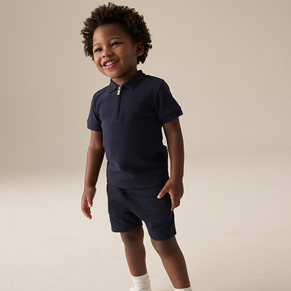 Navy Textured Short Sleeve Zip Neck Polo Shirt And Shorts Set