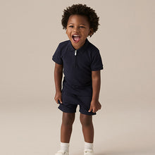 Load image into Gallery viewer, Navy Textured Short Sleeve Zip Neck Polo Shirt And Shorts Set
