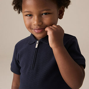 Navy Textured Short Sleeve Zip Neck Polo Shirt And Shorts Set