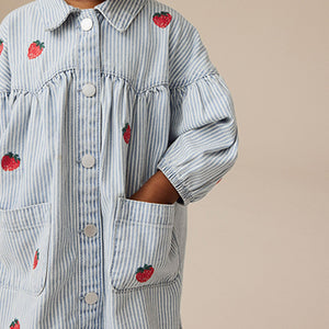 Blue Stripe Strawberry Embroidered Denim Shirt Dress (3mths-6yrs)