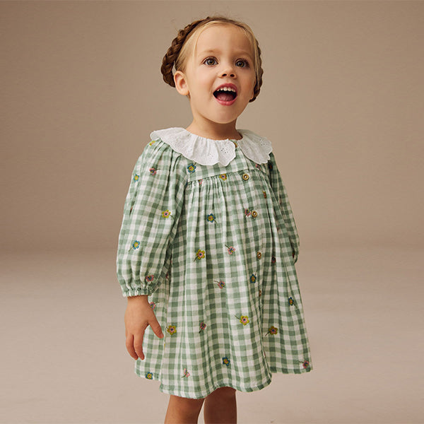 Green Check Embroidered Collar Long Sleeve Dress (3mths-6yrs)