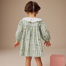 Load image into Gallery viewer, Green Check Embroidered Collar Long Sleeve Dress (3mths-6yrs)
