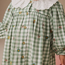 Load image into Gallery viewer, Green Check Embroidered Collar Long Sleeve Dress (3mths-6yrs)
