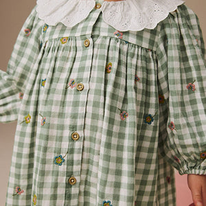 Green Check Embroidered Collar Long Sleeve Dress (3mths-6yrs)