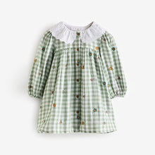 Load image into Gallery viewer, Green Check Embroidered Collar Long Sleeve Dress (3mths-6yrs)
