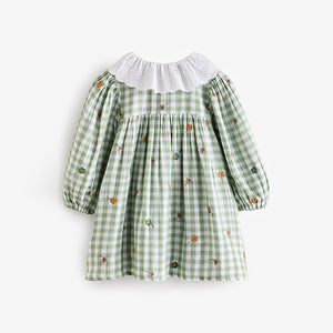 Green Check Embroidered Collar Long Sleeve Dress (3mths-6yrs)