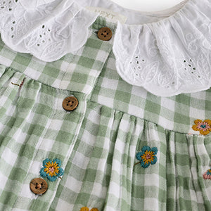 Green Check Embroidered Collar Long Sleeve Dress (3mths-6yrs)