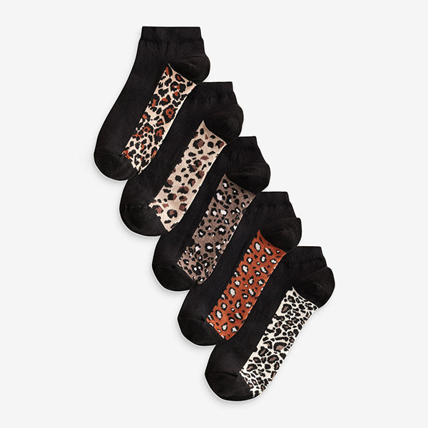 Leopard Footbed Trainers Socks 5 Pack