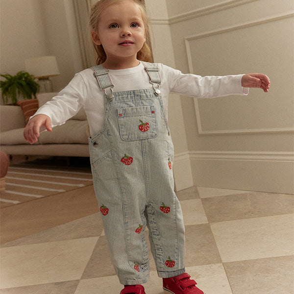 Stripe Strawberry Embroidered 100% Cotton Dungarees (3mths-6yrs)