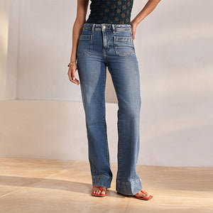 Dark Blue Patch Pocket Wide Leg Jeans