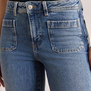 Dark Blue Patch Pocket Wide Leg Jeans
