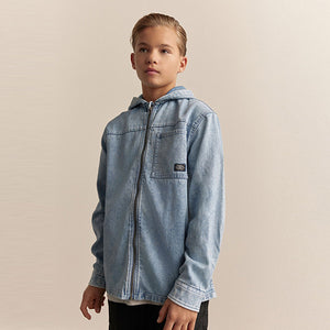 Denim Lightwash Overshirt 100% Cotton Denim Zip Through Hoodie