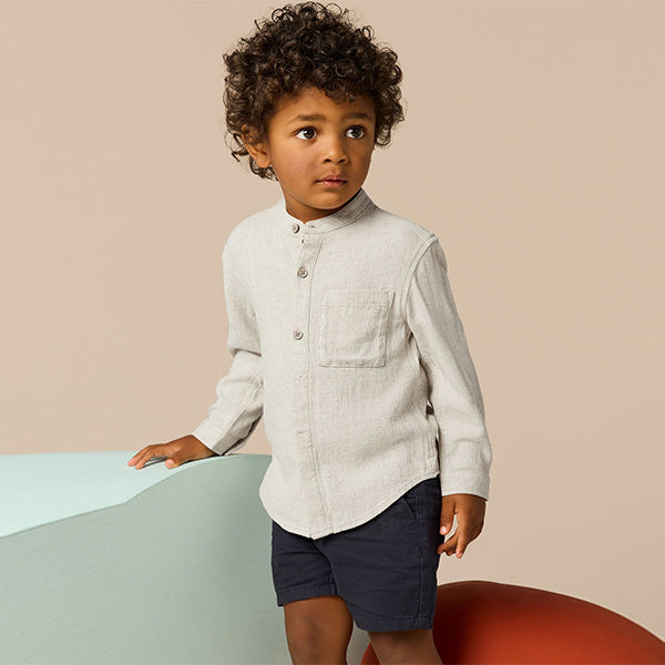 Neutral Grandad Collar Linen Mix Shirt