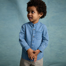 Load image into Gallery viewer, Blue Denim 100% Cotton Long Sleeve Grandad Collar Denim Shirt
