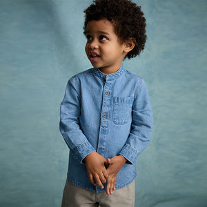Blue Denim 100% Cotton Long Sleeve Grandad Collar Denim Shirt