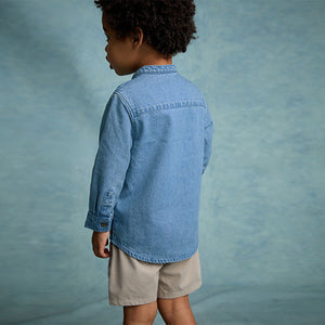 Blue Denim 100% Cotton Long Sleeve Grandad Collar Denim Shirt