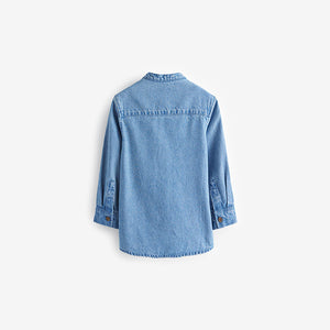 Blue Denim 100% Cotton Long Sleeve Grandad Collar Denim Shirt