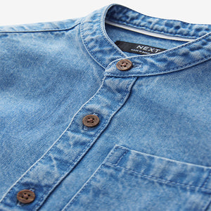 Blue Denim 100% Cotton Long Sleeve Grandad Collar Denim Shirt