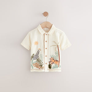 Ecru White Short Sleeve Embroidered 100% Cotton Shirt