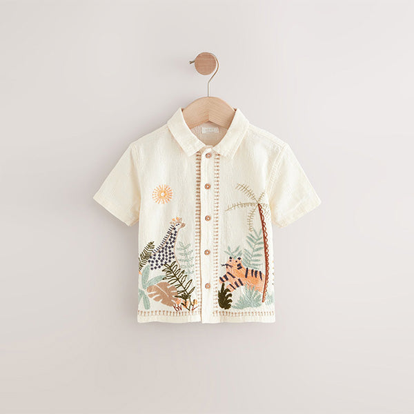 Ecru White Short Sleeve Embroidered 100% Cotton Shirt
