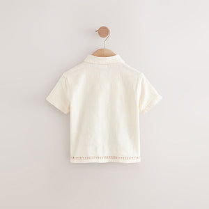Ecru White Short Sleeve Embroidered 100% Cotton Shirt
